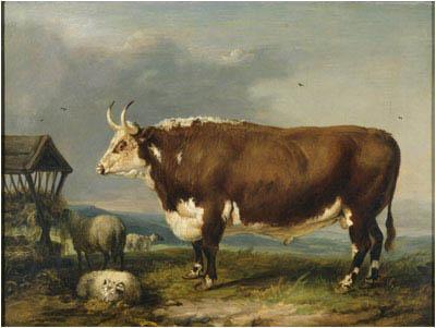 James Ward Hereford Bull with Sheep by a Haystack oil painting image
